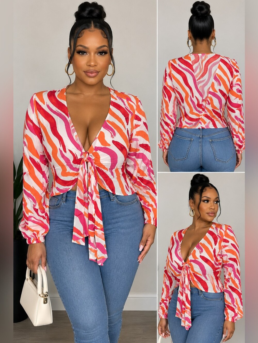 IMAN Pink & Orange Wave Tie-Front Long-Sleeve Blouse